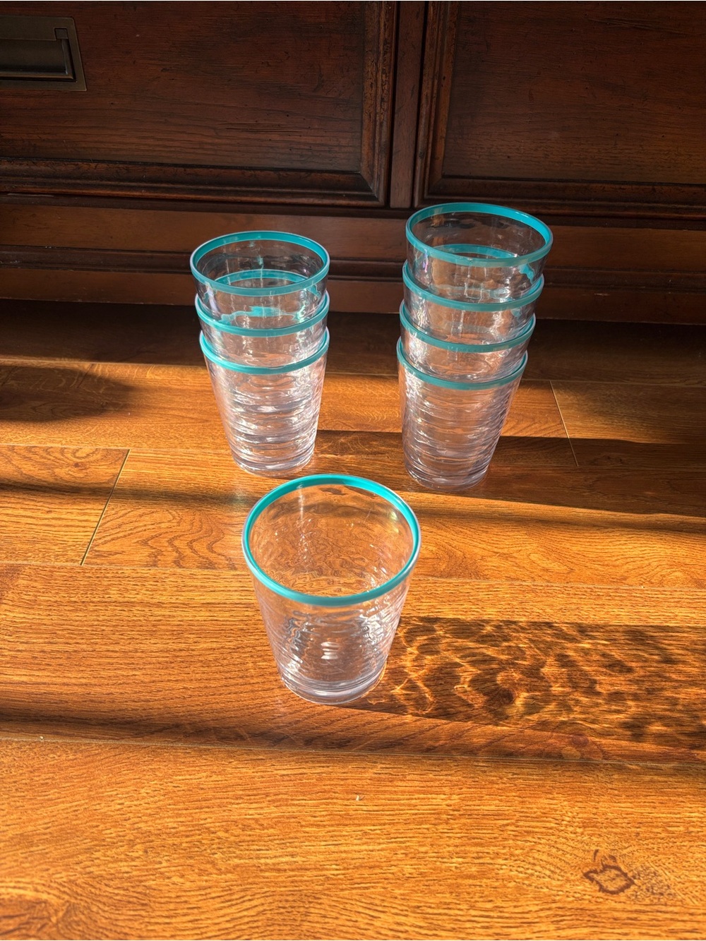 Clear Drinking Glasses with Turquoise Rim - Set of 8